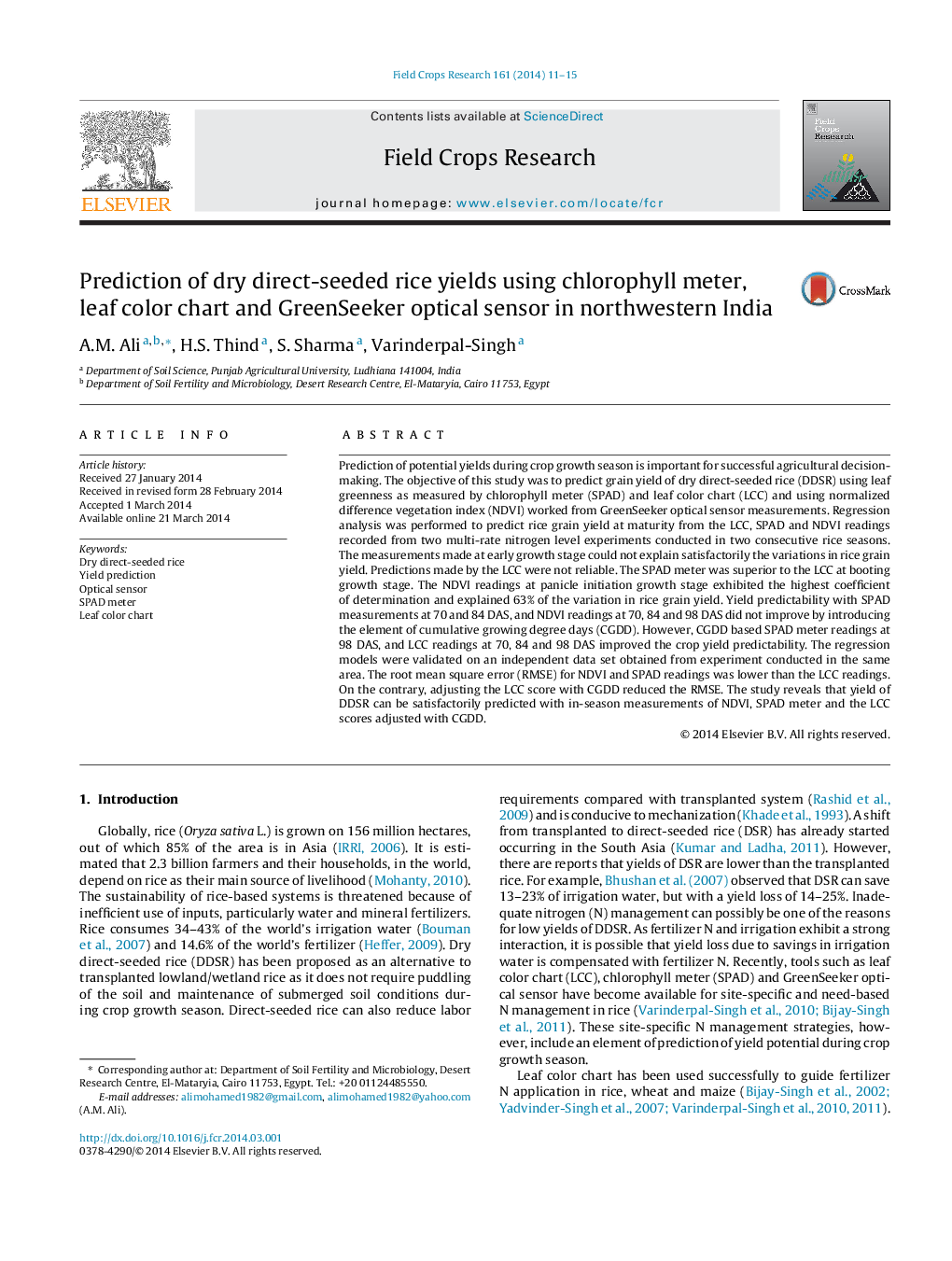 Prediction of dry direct-seeded rice yields using chlorophyll meter, leaf color chart and GreenSeeker optical sensor in northwestern India