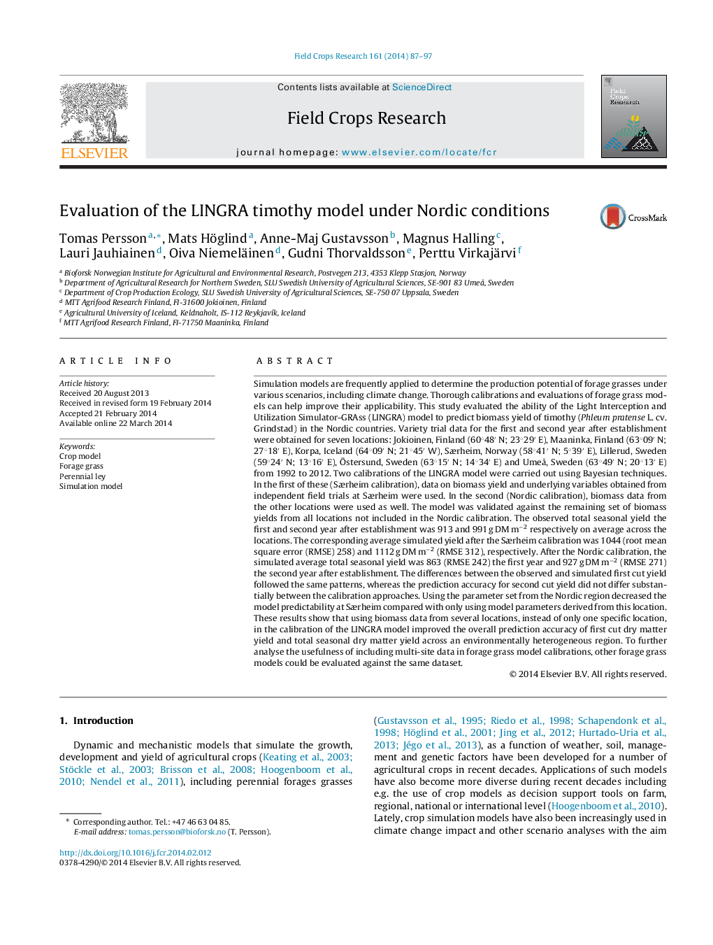 Evaluation of the LINGRA timothy model under Nordic conditions