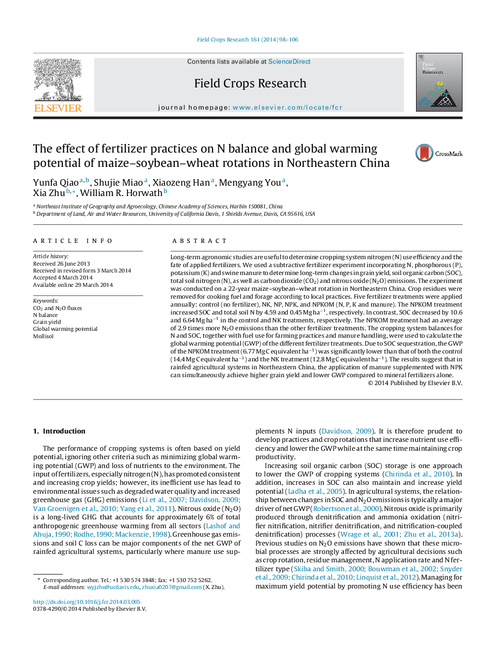 The effect of fertilizer practices on N balance and global warming potential of maize–soybean–wheat rotations in Northeastern China