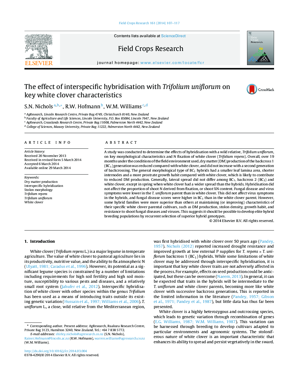 The effect of interspecific hybridisation with Trifolium uniflorum on key white clover characteristics