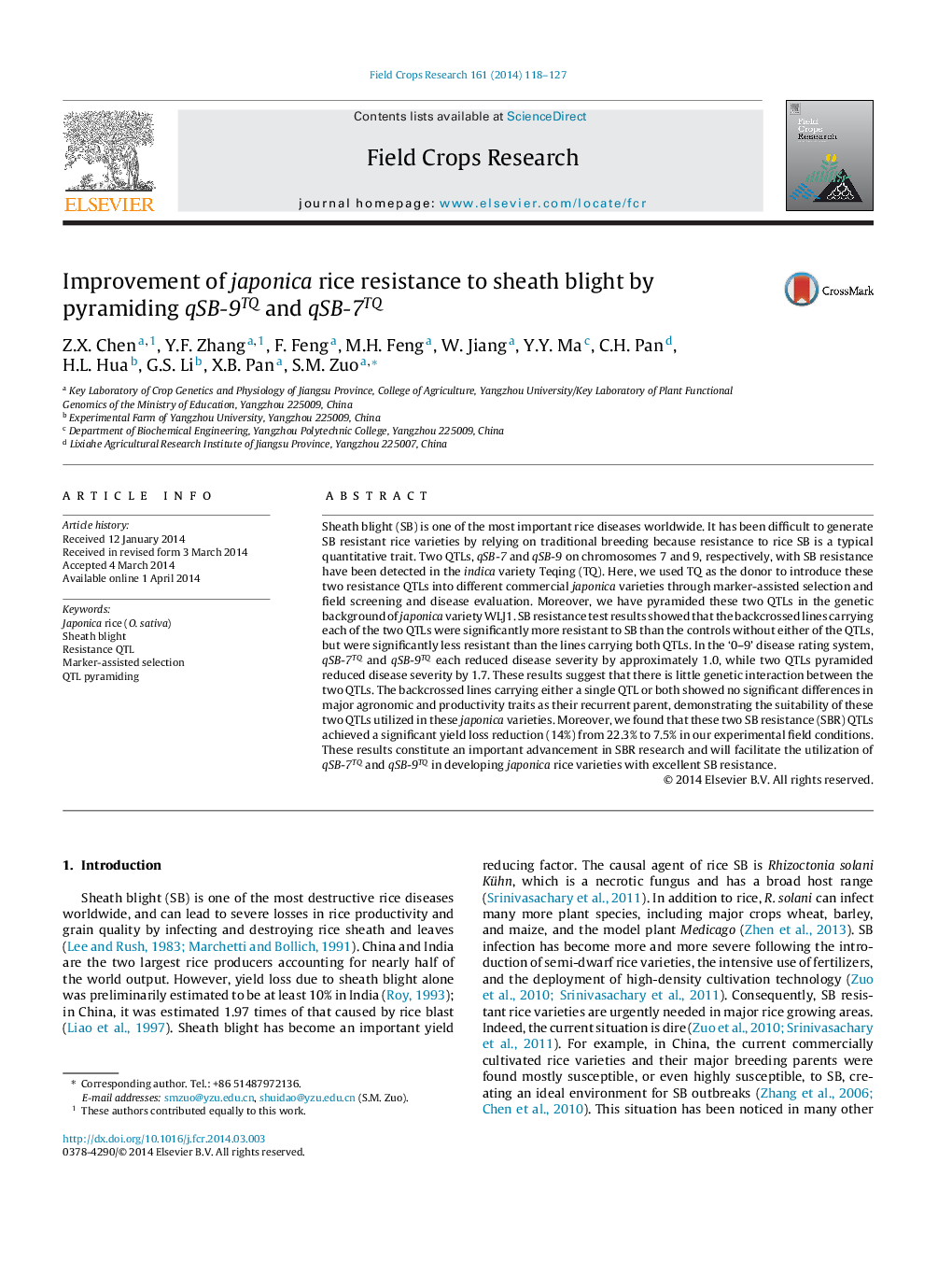 Improvement of japonica rice resistance to sheath blight by pyramiding qSB-9TQ and qSB-7TQ