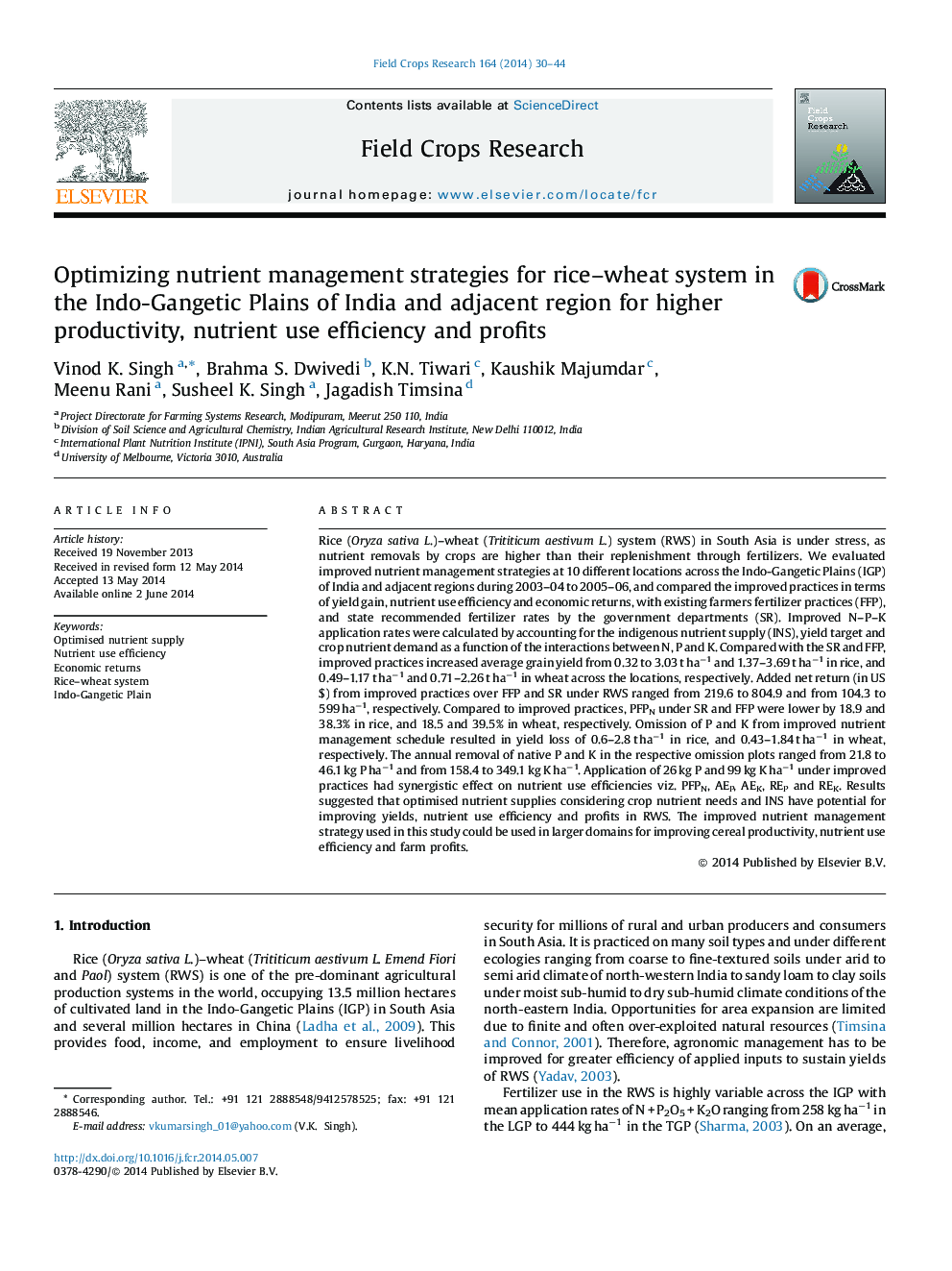 عکس صفحه اول مقاله: Optimizing nutrient management strategies for rice–wheat system in the Indo-Gangetic Plains of India and adjacent region for higher productivity, nutrient use efficiency and profits Optimizing nutrient management strategies for rice–wheat system in the Indo-Gangetic Plains of India and adjacent region for higher productivity, nutrient use efficiency and profits