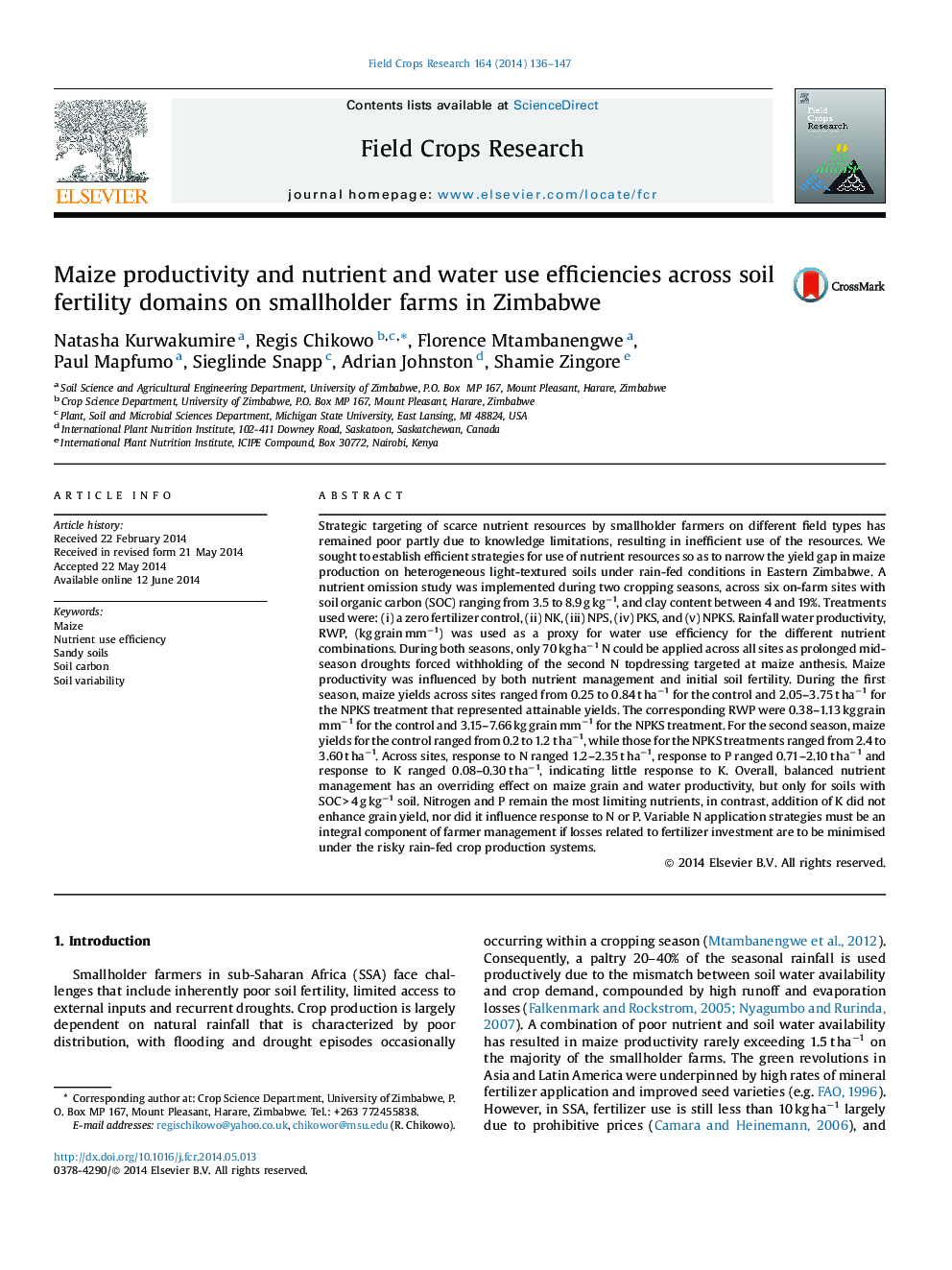 Maize productivity and nutrient and water use efficiencies across soil fertility domains on smallholder farms in Zimbabwe