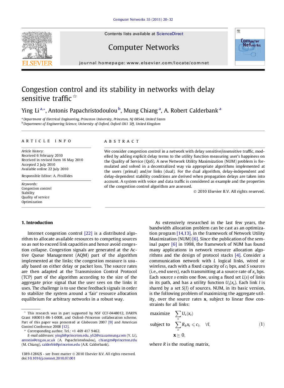 Congestion control and its stability in networks with delay sensitive traffic 