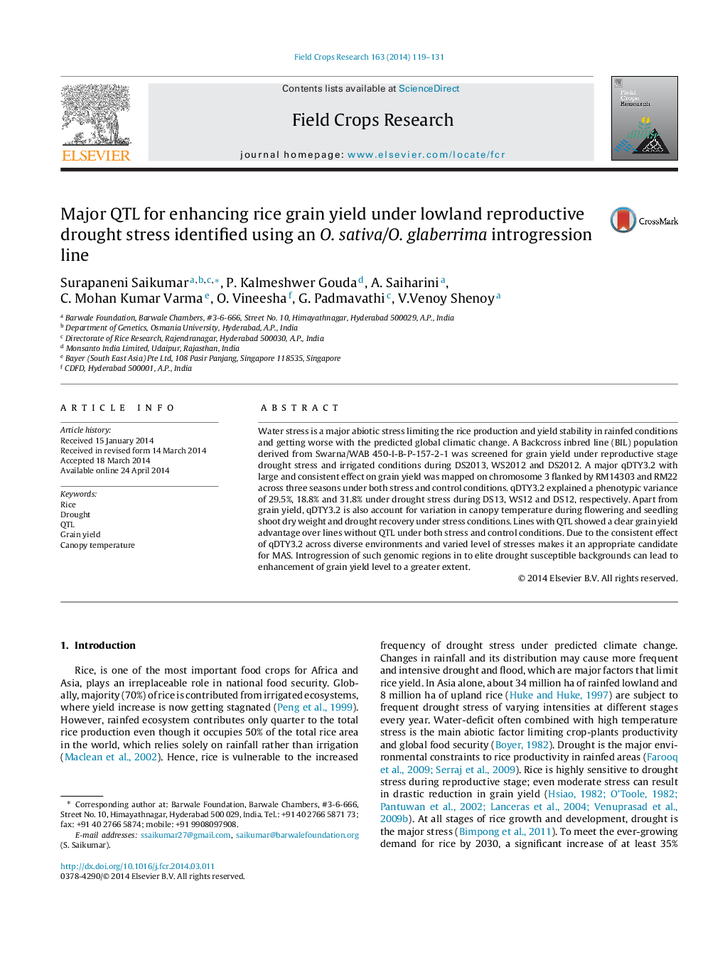 Major QTL for enhancing rice grain yield under lowland reproductive drought stress identified using an O. sativa/O. glaberrima introgression line