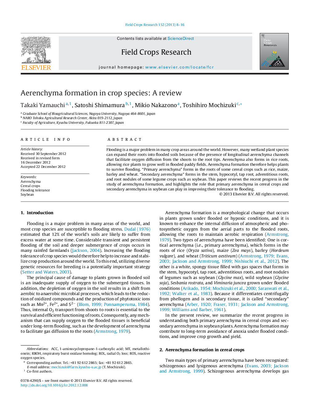 Aerenchyma formation in crop species: A review