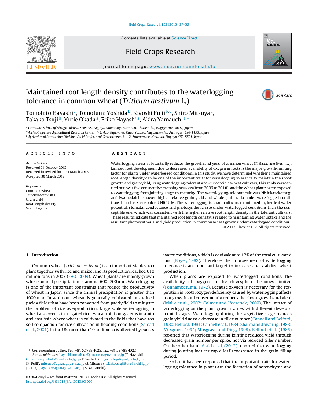 Maintained root length density contributes to the waterlogging tolerance in common wheat (Triticum aestivum L.)