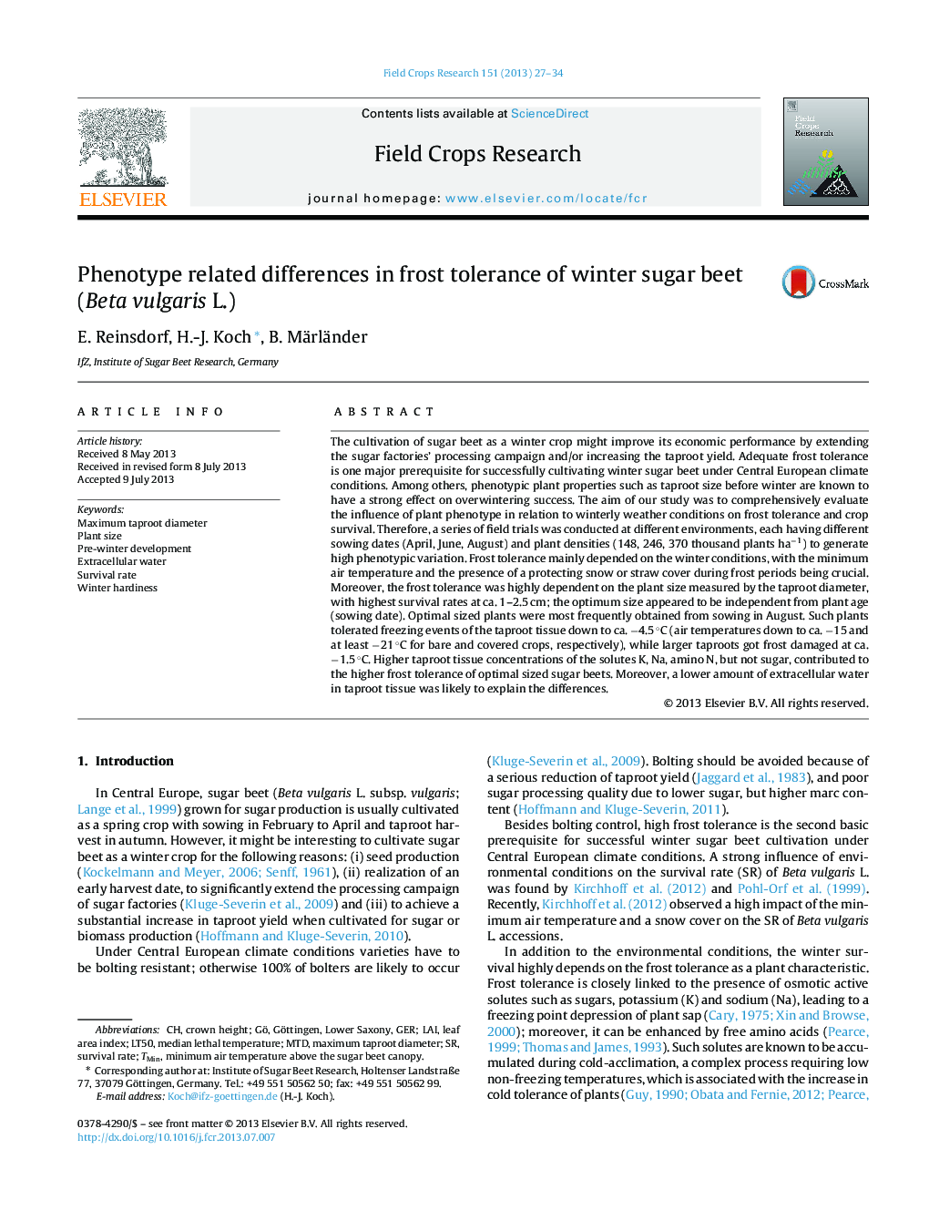 Phenotype related differences in frost tolerance of winter sugar beet (Beta vulgaris L.)