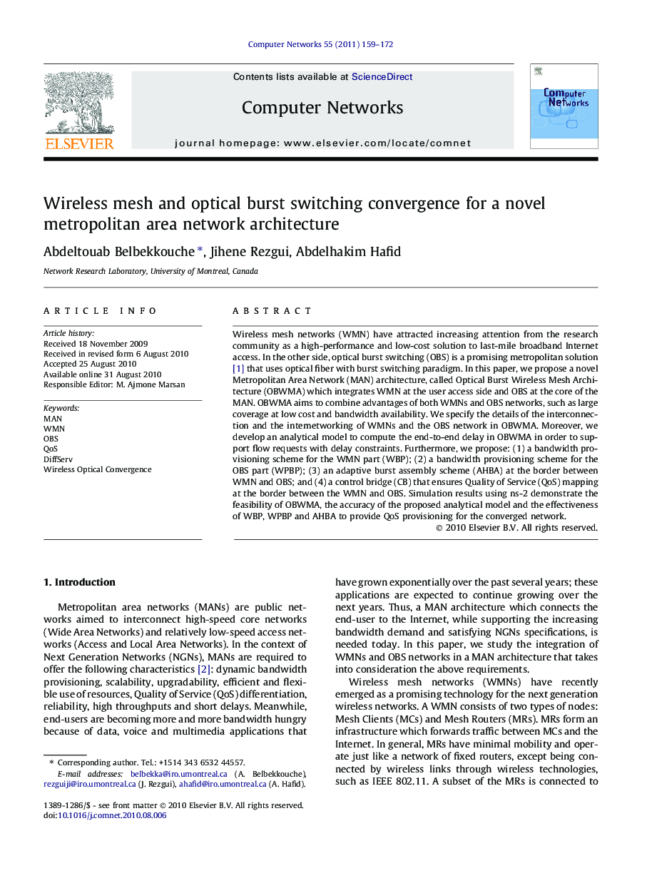 Wireless mesh and optical burst switching convergence for a novel metropolitan area network architecture