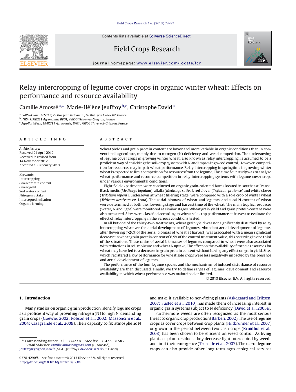 Relay intercropping of legume cover crops in organic winter wheat: Effects on performance and resource availability