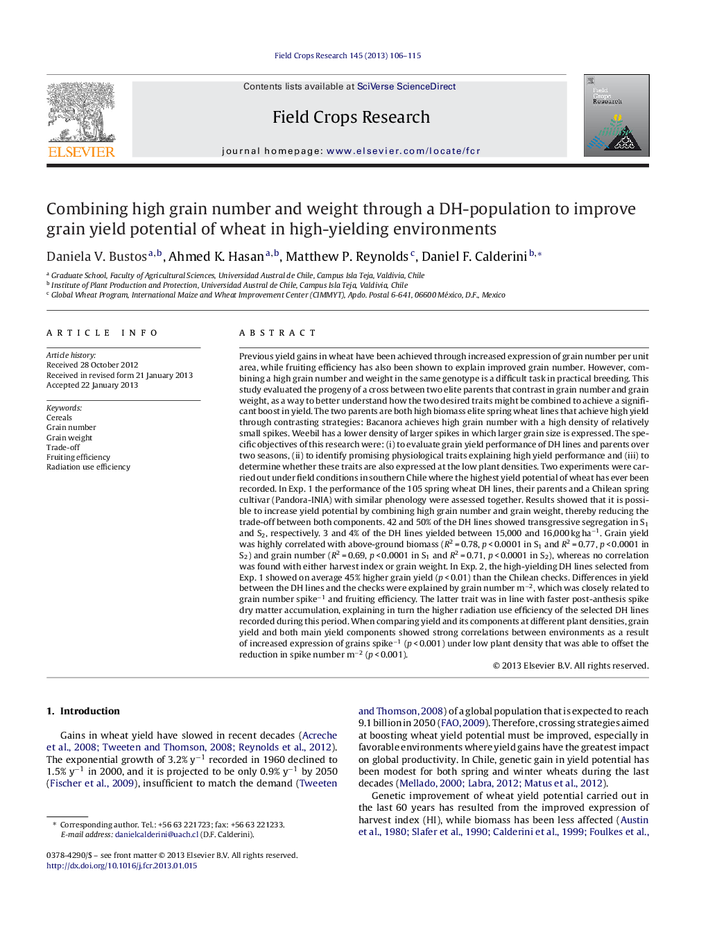 Combining high grain number and weight through a DH-population to improve grain yield potential of wheat in high-yielding environments