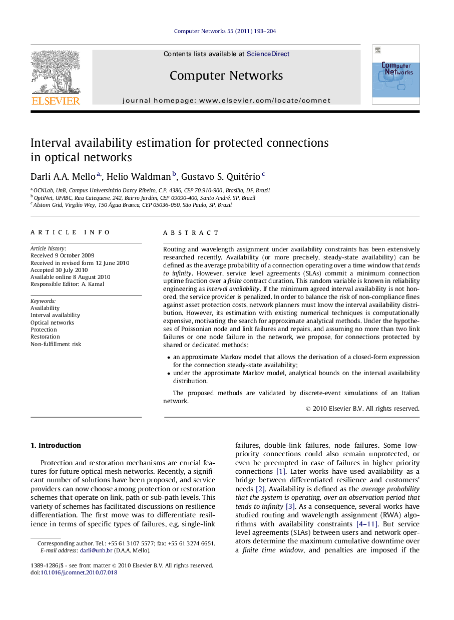 Interval availability estimation for protected connections in optical networks