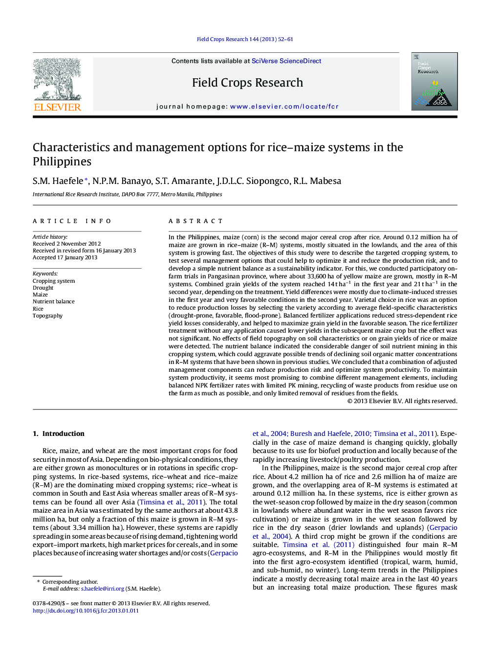 Characteristics and management options for rice–maize systems in the Philippines