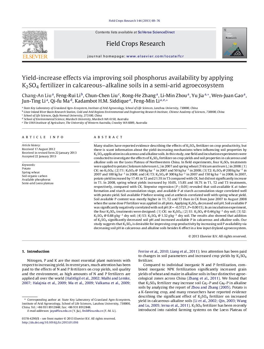 Yield-increase effects via improving soil phosphorus availability by applying K2SO4 fertilizer in calcareous–alkaline soils in a semi-arid agroecosystem