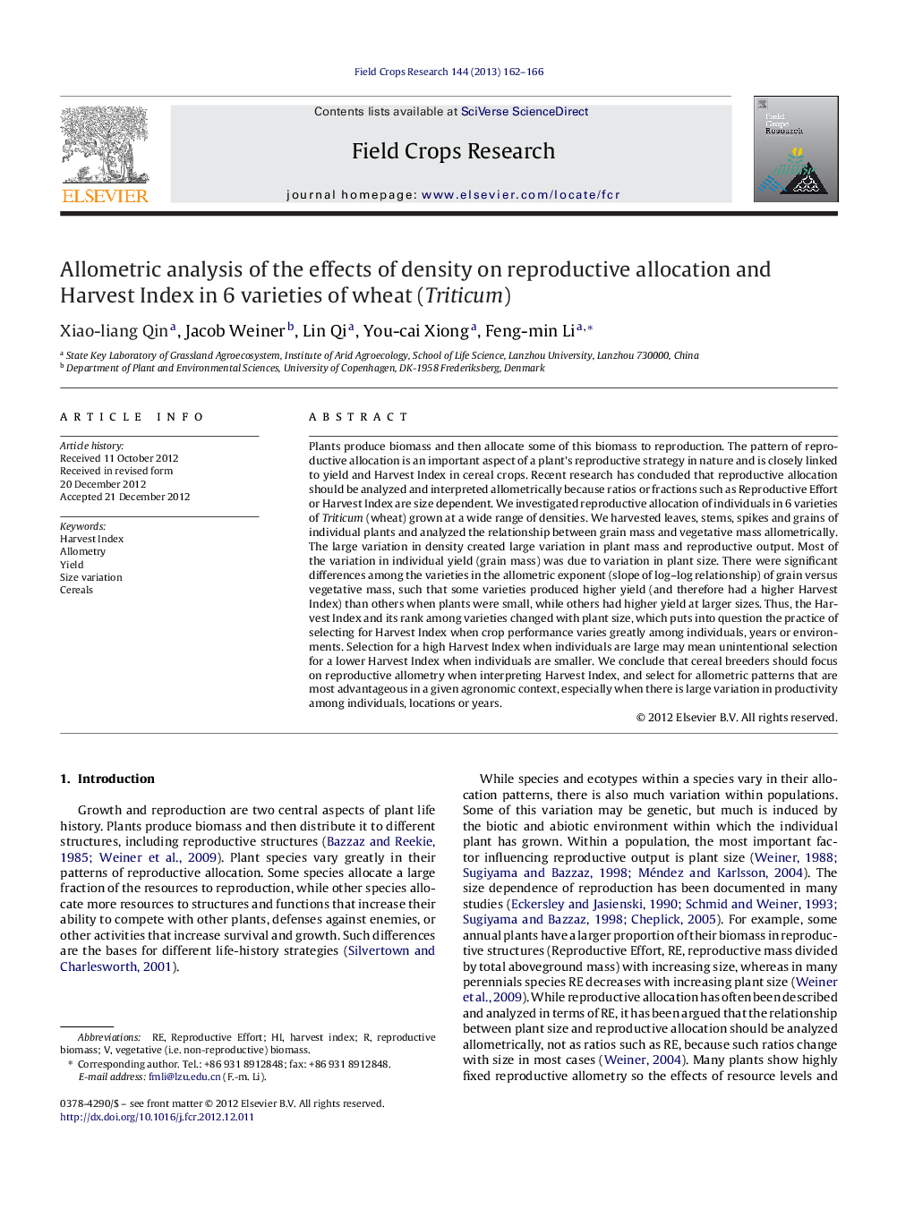 Allometric analysis of the effects of density on reproductive allocation and Harvest Index in 6 varieties of wheat (Triticum)