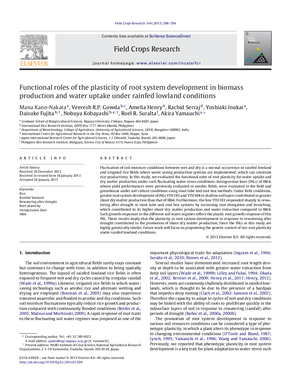 Functional roles of the plasticity of root system development in biomass production and water uptake under rainfed lowland conditions