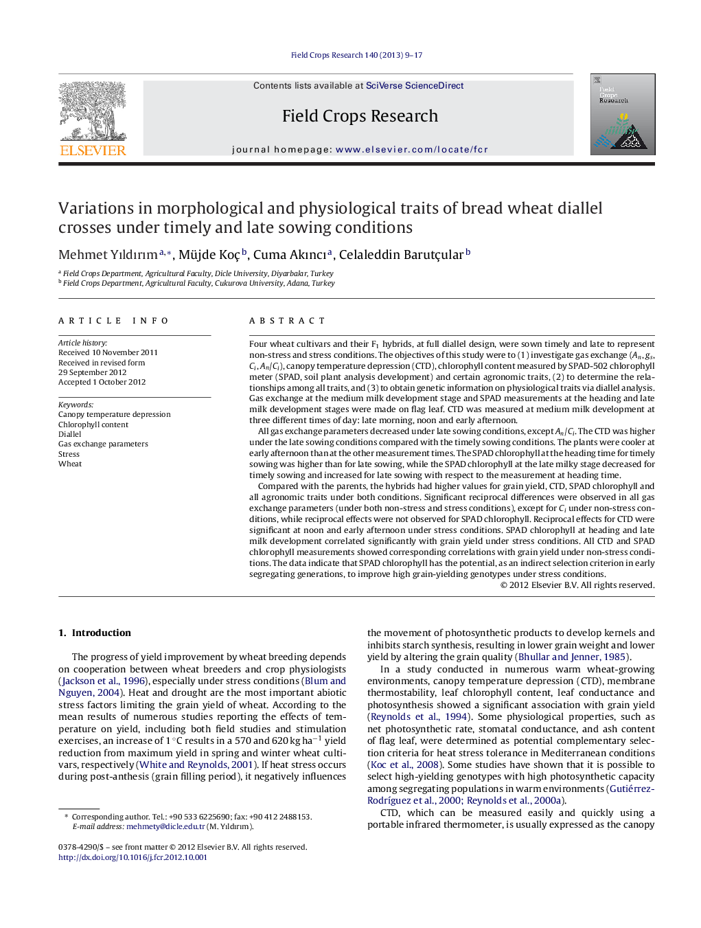 Variations in morphological and physiological traits of bread wheat diallel crosses under timely and late sowing conditions