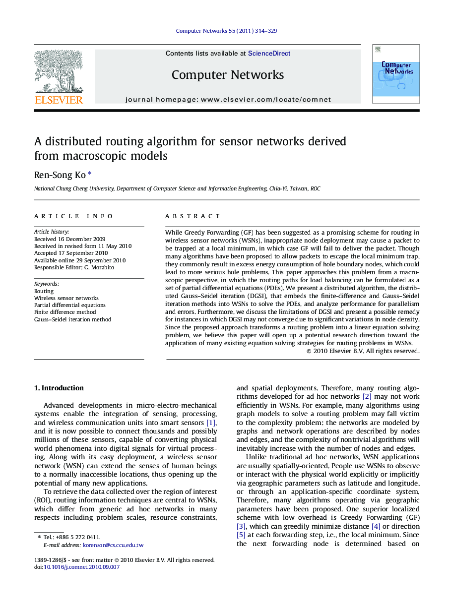 A distributed routing algorithm for sensor networks derived from macroscopic models