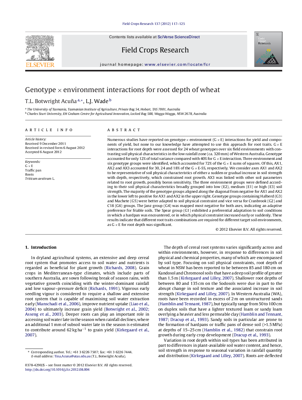 GenotypeÂ ÃÂ environment interactions for root depth of wheat