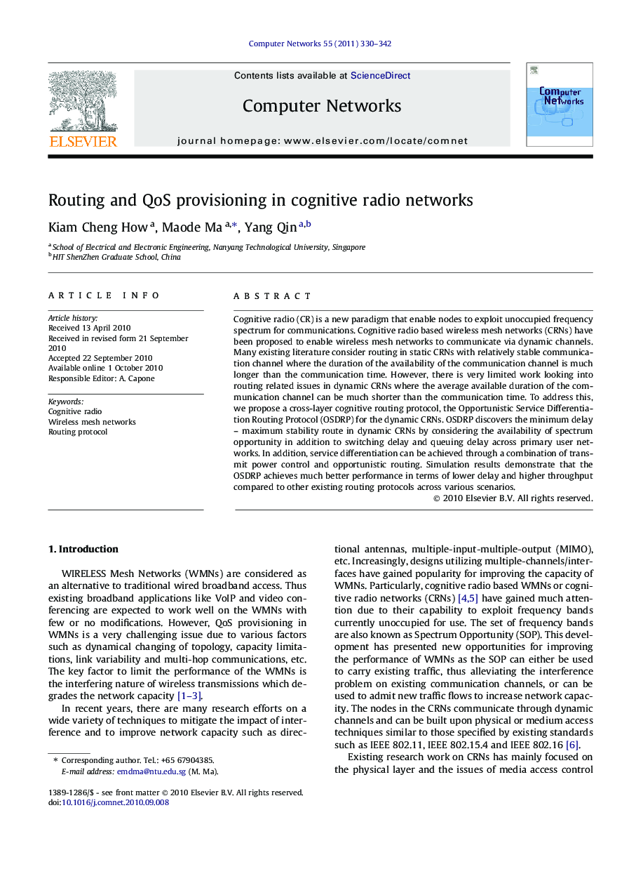 Routing and QoS provisioning in cognitive radio networks