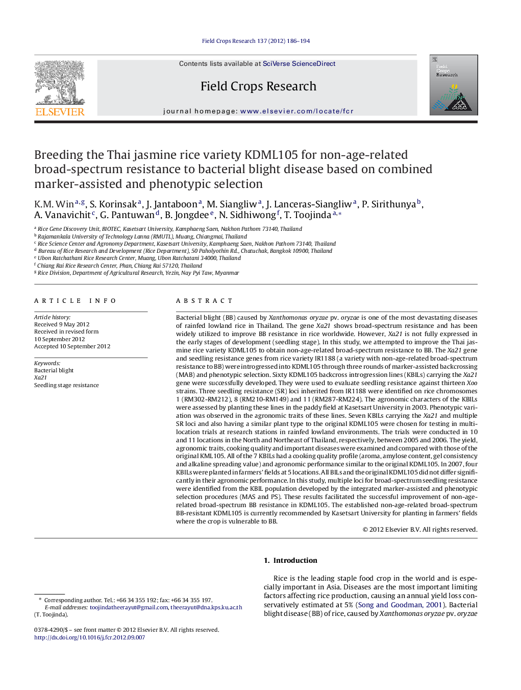 Breeding the Thai jasmine rice variety KDML105 for non-age-related broad-spectrum resistance to bacterial blight disease based on combined marker-assisted and phenotypic selection