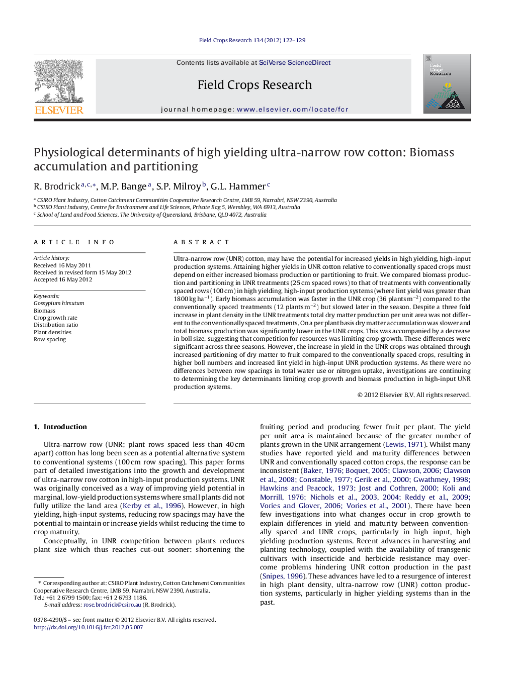 Physiological determinants of high yielding ultra-narrow row cotton: Biomass accumulation and partitioning