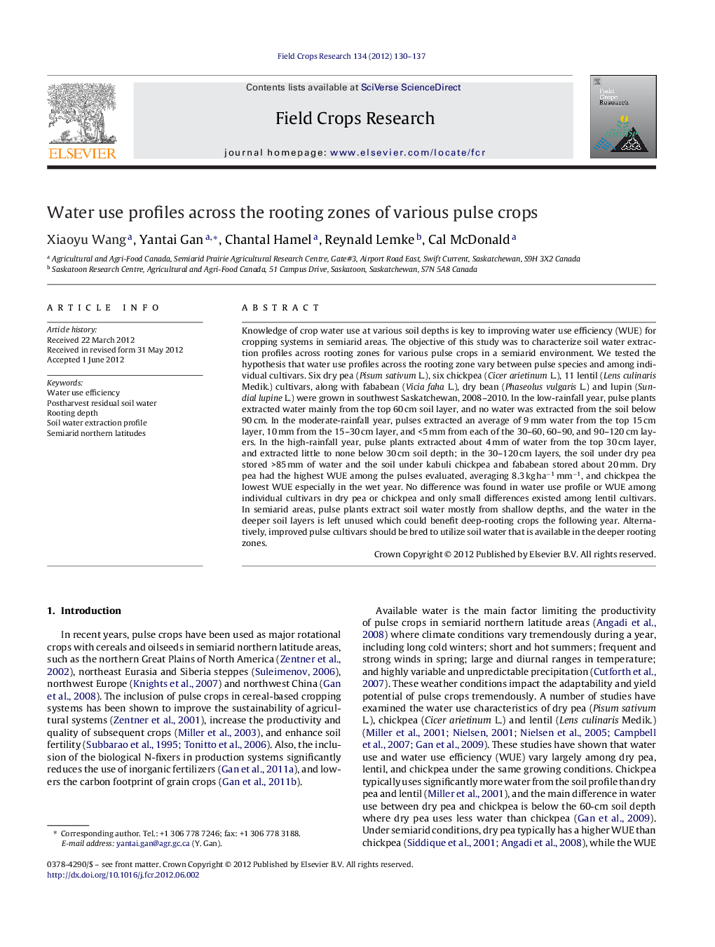عکس صفحه اول مقاله: Water use profiles across the rooting zones of various pulse crops Water use profiles across the rooting zones of various pulse crops