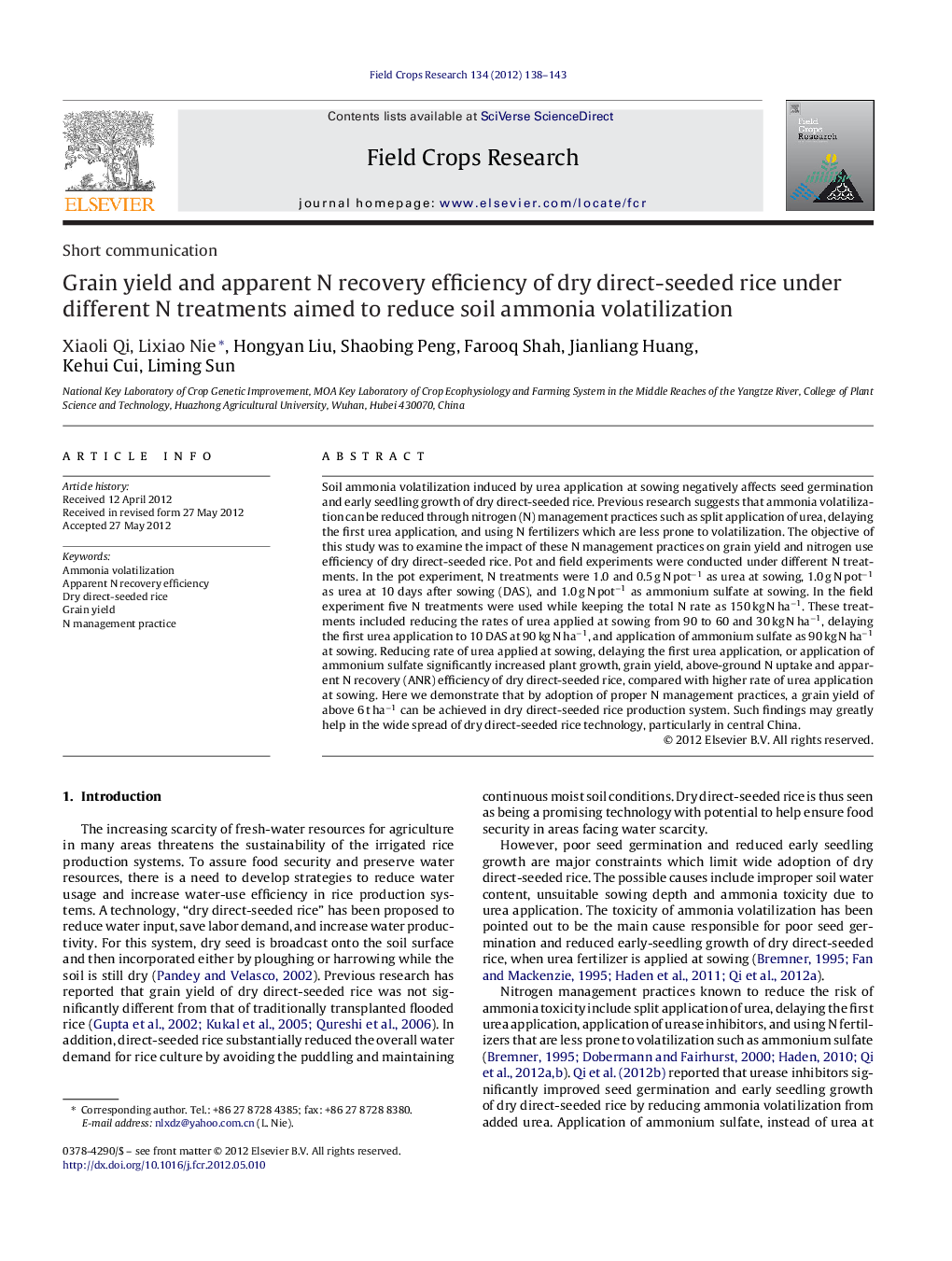 Grain yield and apparent N recovery efficiency of dry direct-seeded rice under different N treatments aimed to reduce soil ammonia volatilization