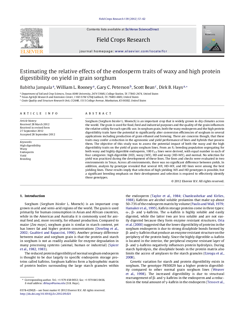 Estimating the relative effects of the endosperm traits of waxy and high protein digestibility on yield in grain sorghum