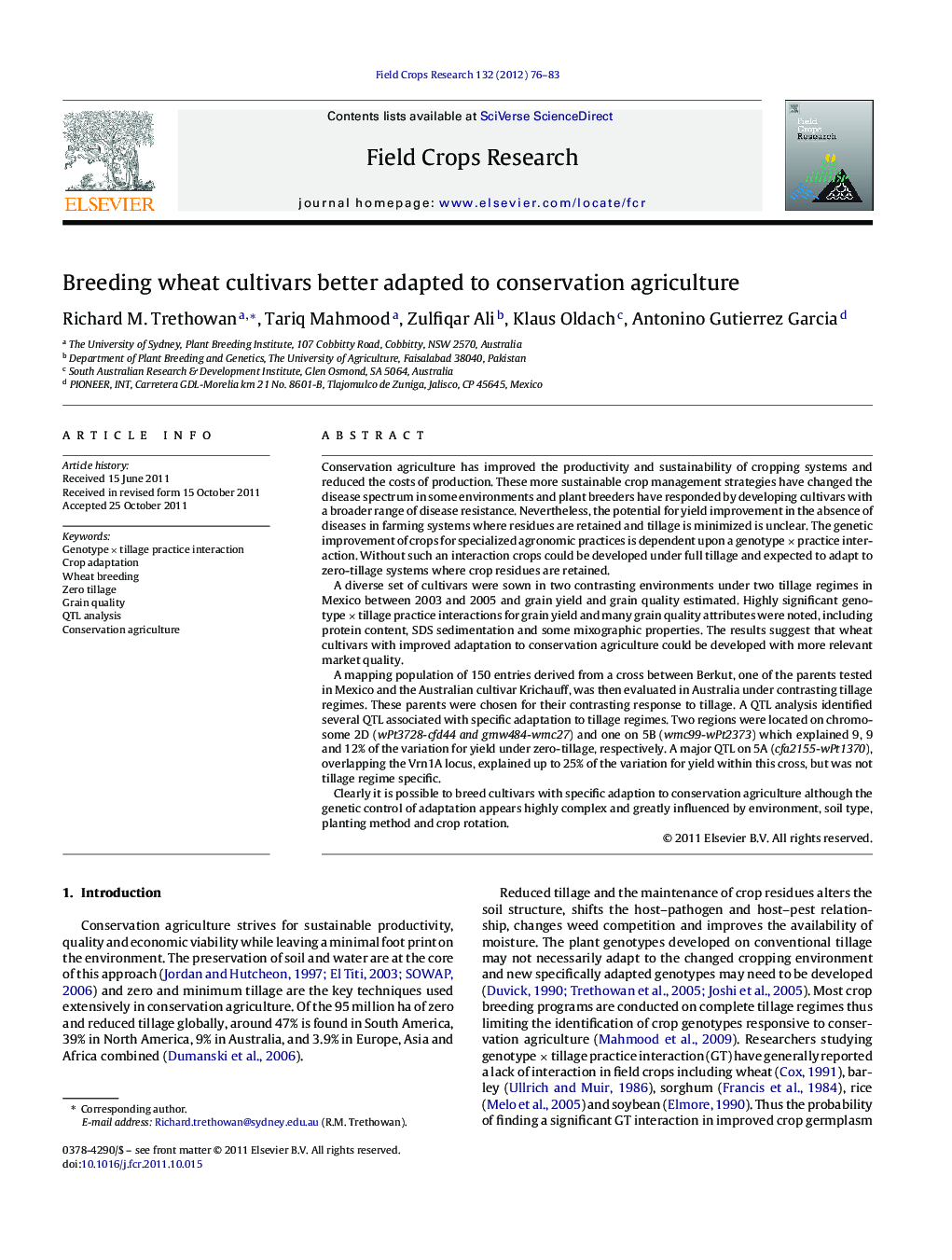 Breeding wheat cultivars better adapted to conservation agriculture