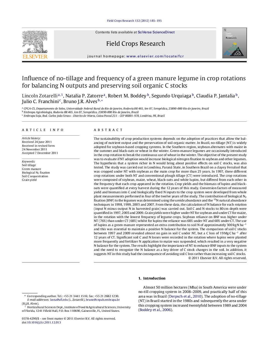 Influence of no-tillage and frequency of a green manure legume in crop rotations for balancing N outputs and preserving soil organic C stocks