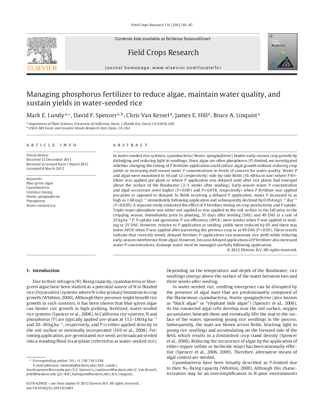 Managing phosphorus fertilizer to reduce algae, maintain water quality, and sustain yields in water-seeded rice