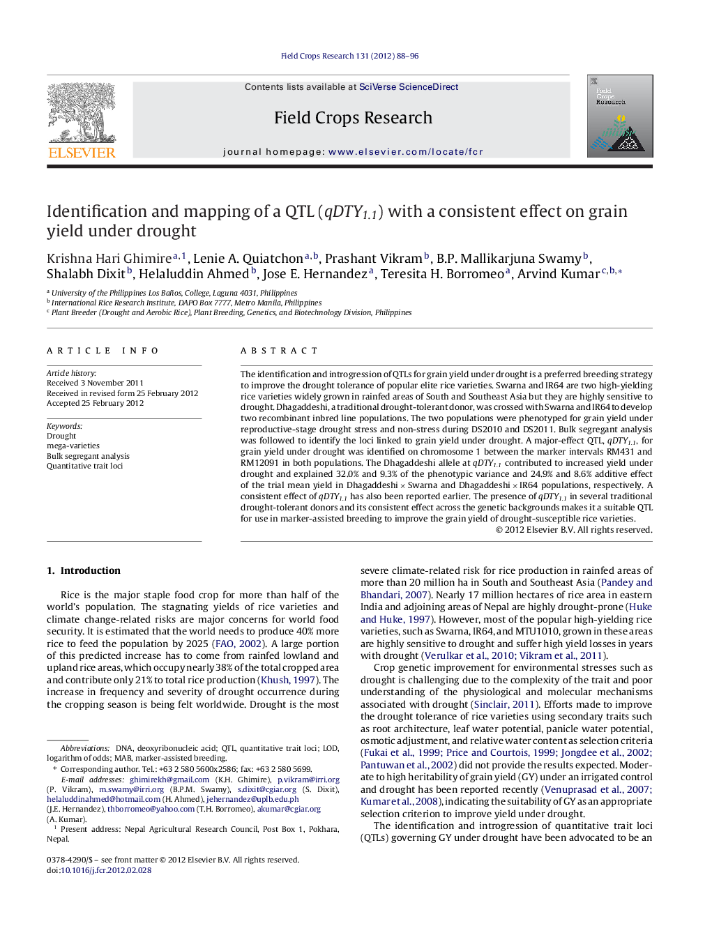 Identification and mapping of a QTL (qDTY1.1) with a consistent effect on grain yield under drought