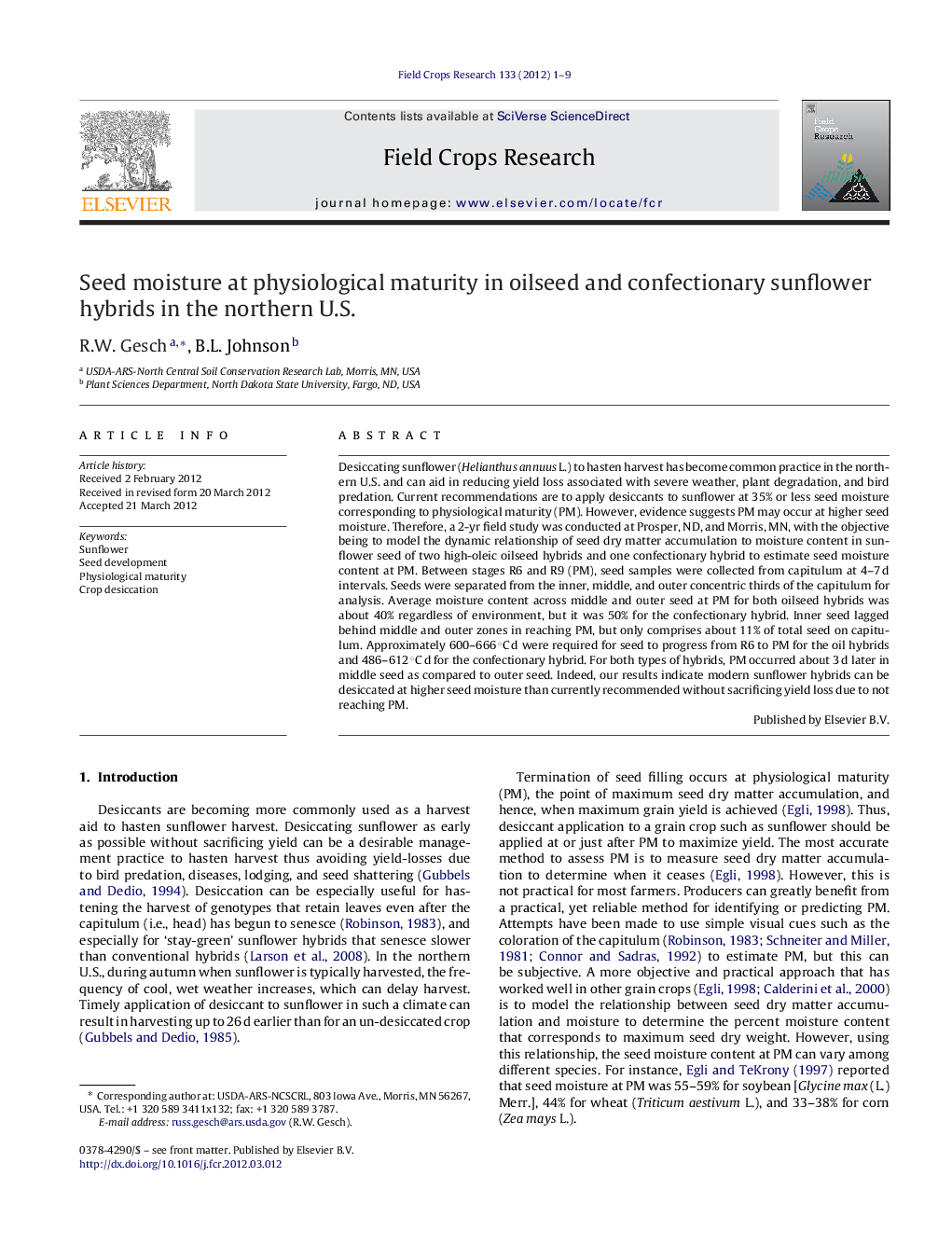 عکس صفحه اول مقاله: Seed moisture at physiological maturity in oilseed and confectionary sunflower hybrids in the northern U.S. Seed moisture at physiological maturity in oilseed and confectionary sunflower hybrids in the northern U.S.