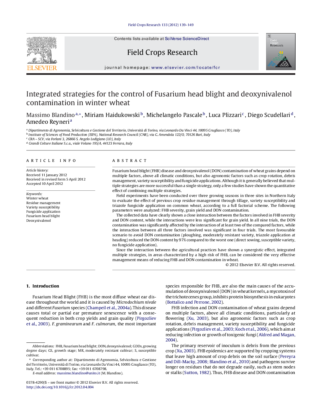 Integrated strategies for the control of Fusarium head blight and deoxynivalenol contamination in winter wheat