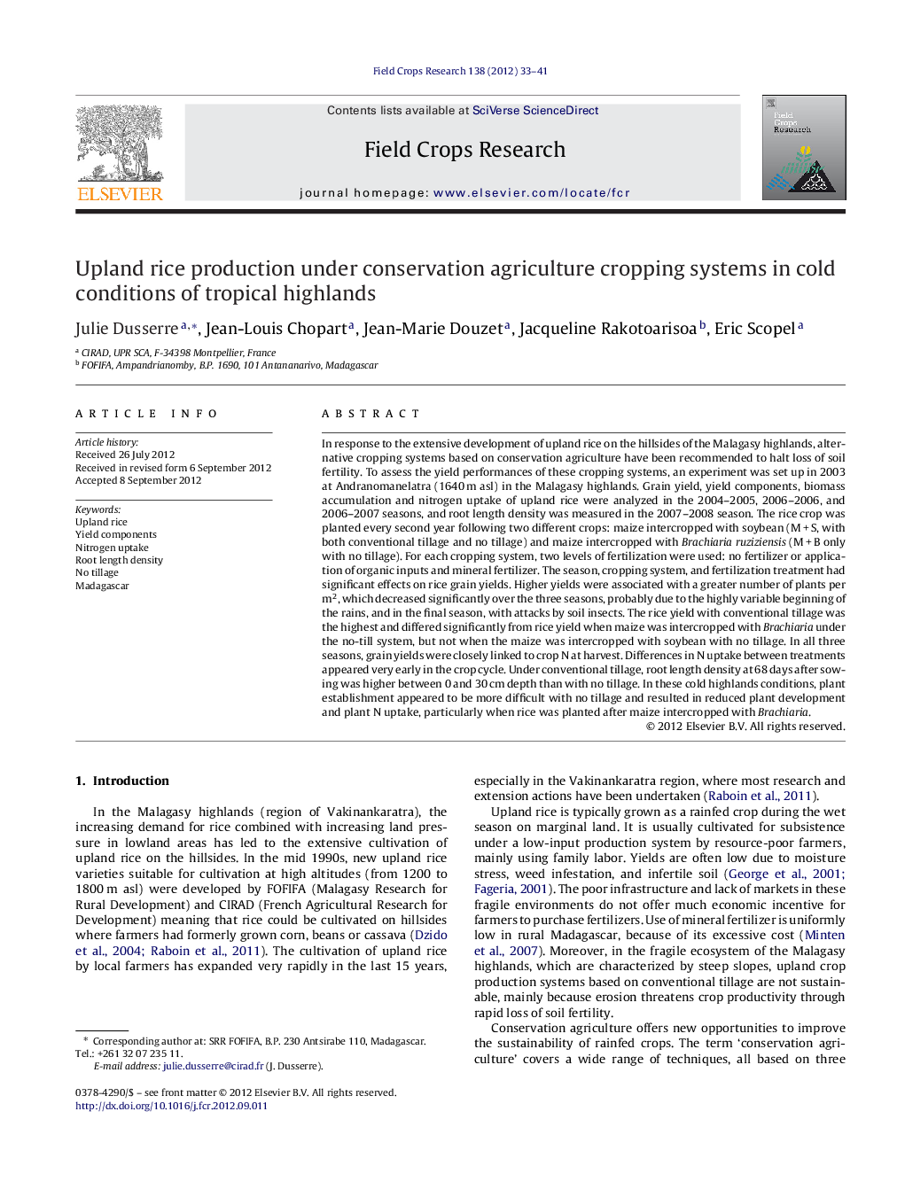 Upland rice production under conservation agriculture cropping systems in cold conditions of tropical highlands