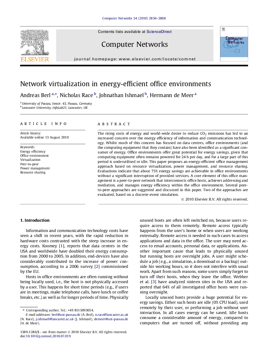 Network virtualization in energy-efficient office environments