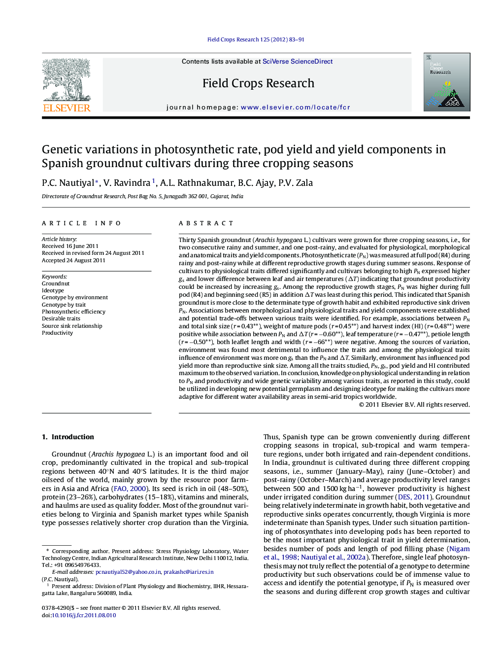 Genetic variations in photosynthetic rate, pod yield and yield components in Spanish groundnut cultivars during three cropping seasons