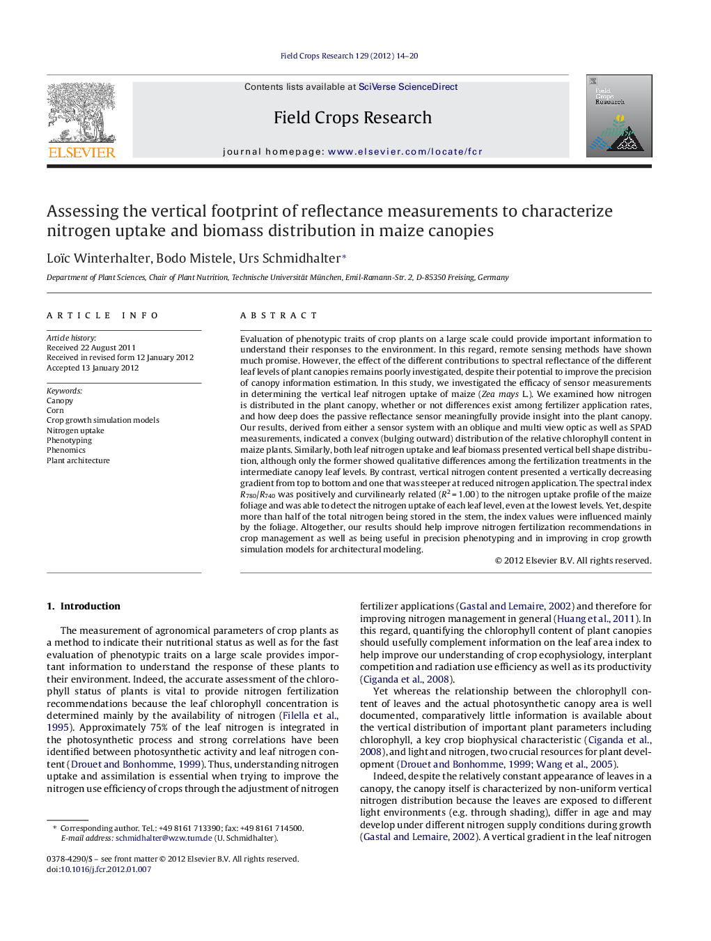 Assessing the vertical footprint of reflectance measurements to characterize nitrogen uptake and biomass distribution in maize canopies