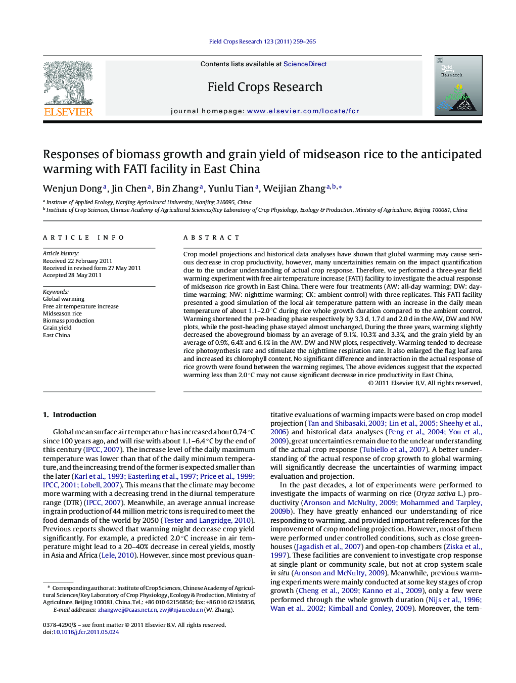 Responses of biomass growth and grain yield of midseason rice to the anticipated warming with FATI facility in East China