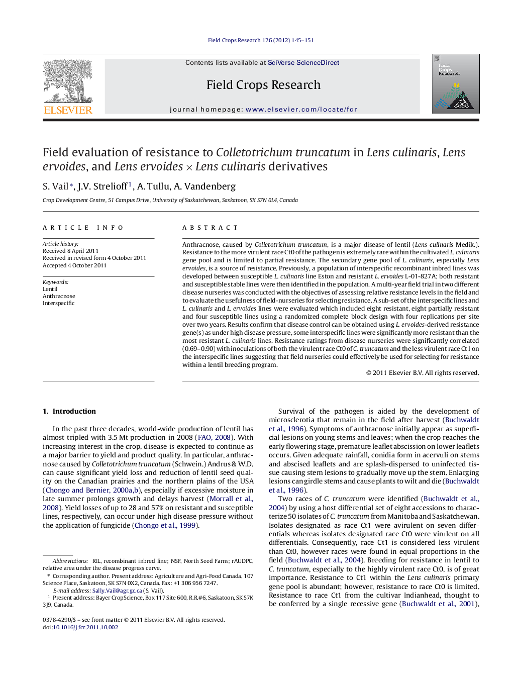 Field evaluation of resistance to Colletotrichum truncatum in Lens culinaris, Lens ervoides, and Lens ervoides × Lens culinaris derivatives