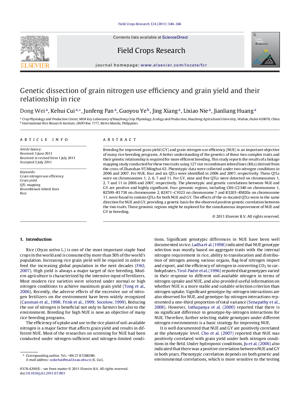 Genetic dissection of grain nitrogen use efficiency and grain yield and their relationship in rice