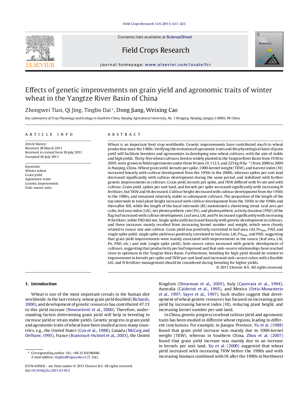 Effects of genetic improvements on grain yield and agronomic traits of winter wheat in the Yangtze River Basin of China