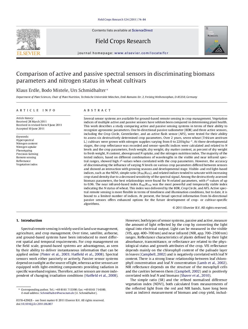 Comparison of active and passive spectral sensors in discriminating biomass parameters and nitrogen status in wheat cultivars