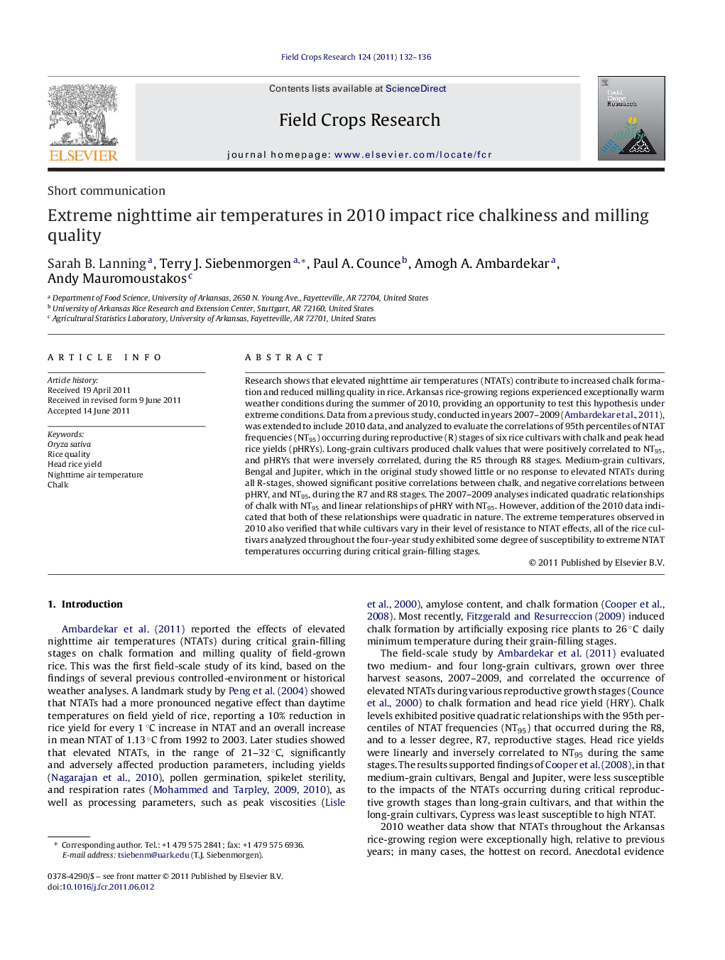 Extreme nighttime air temperatures in 2010 impact rice chalkiness and milling quality