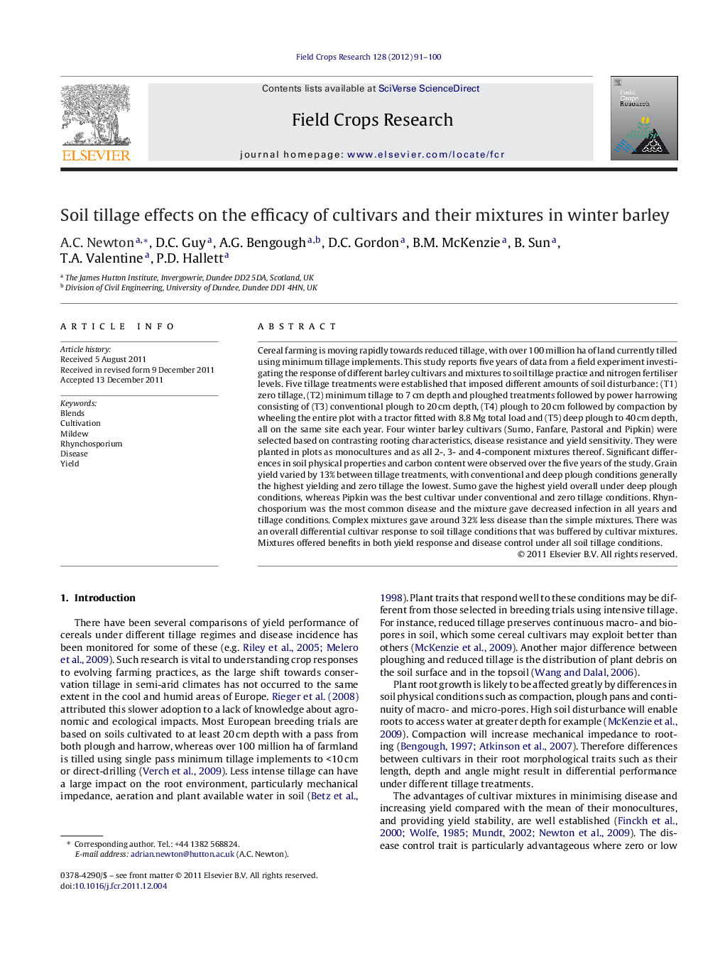 Soil tillage effects on the efficacy of cultivars and their mixtures in winter barley