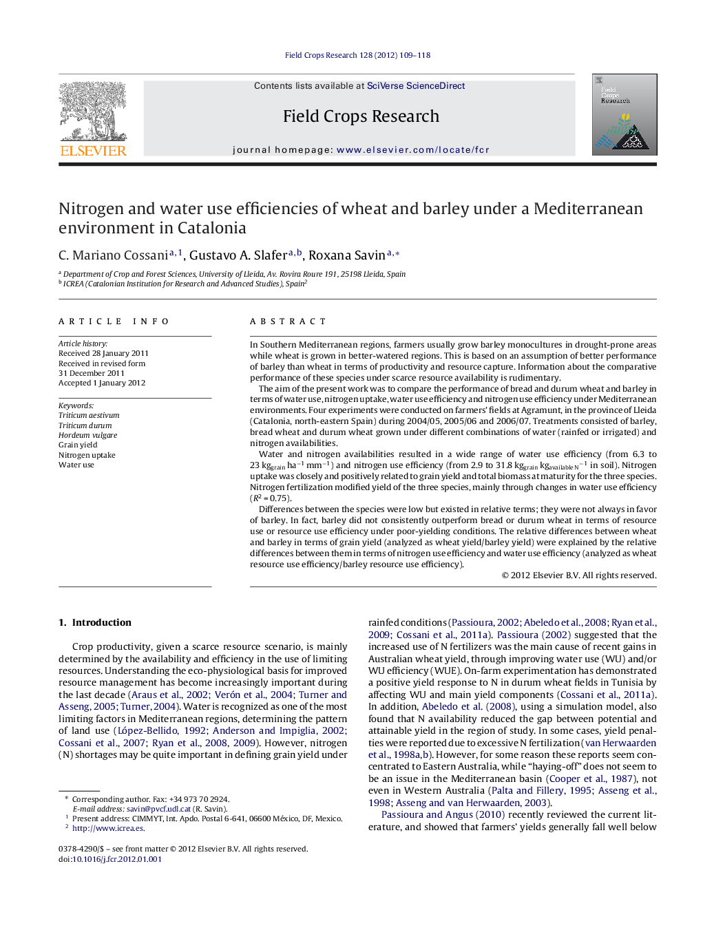 Nitrogen and water use efficiencies of wheat and barley under a Mediterranean environment in Catalonia