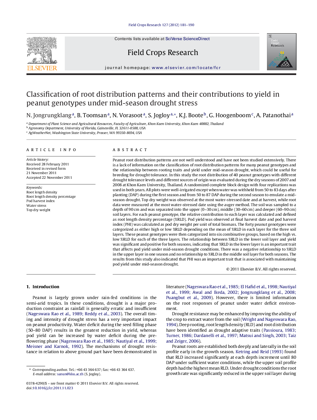 Classification of root distribution patterns and their contributions to yield in peanut genotypes under mid-season drought stress