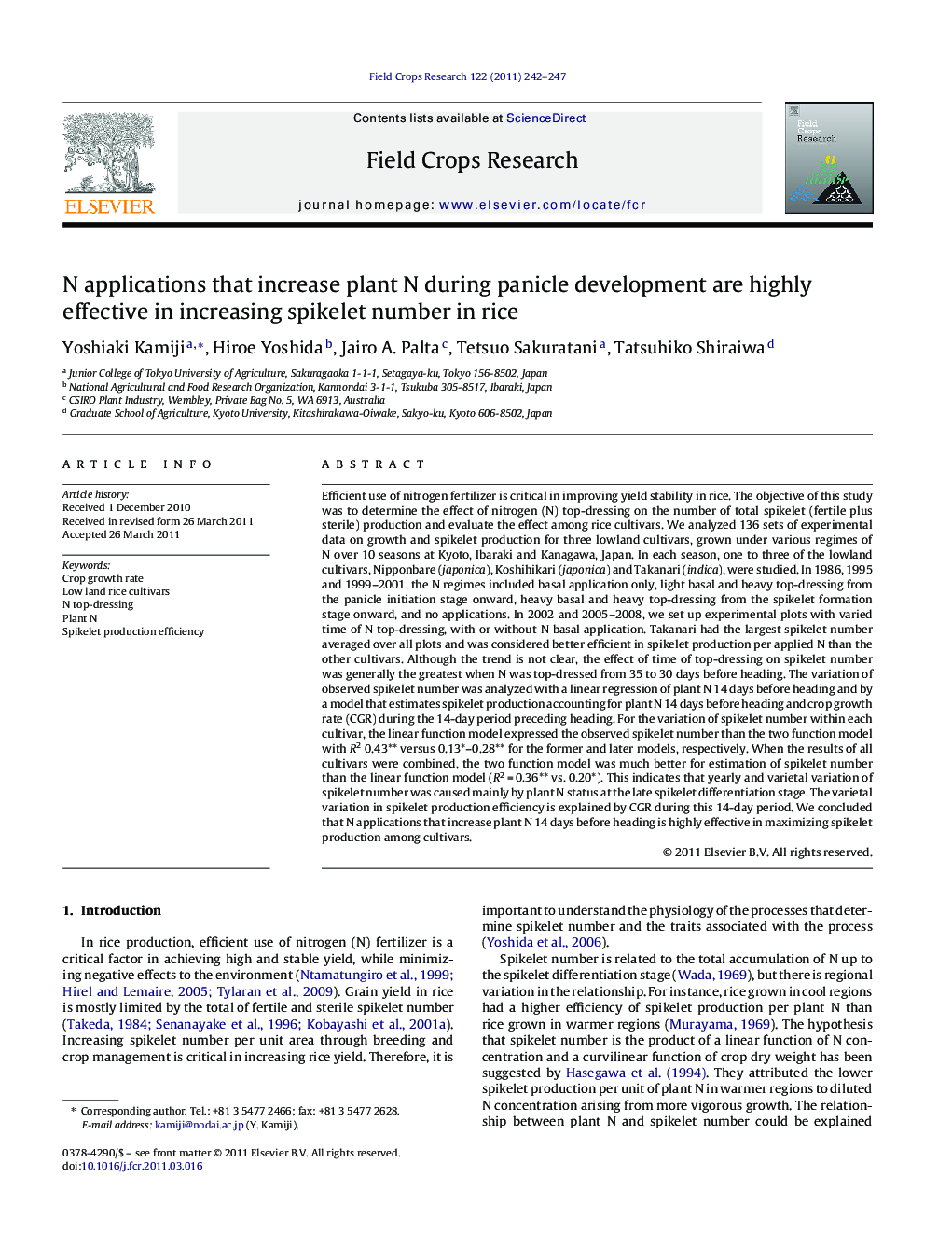 N applications that increase plant N during panicle development are highly effective in increasing spikelet number in rice