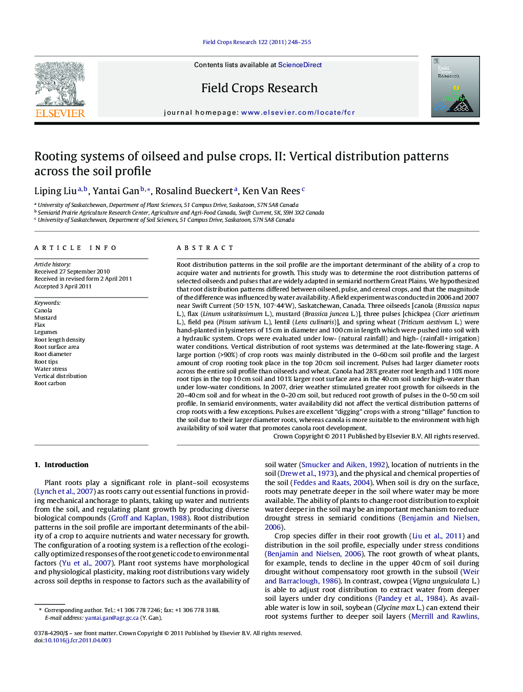 Rooting systems of oilseed and pulse crops. II: Vertical distribution patterns across the soil profile